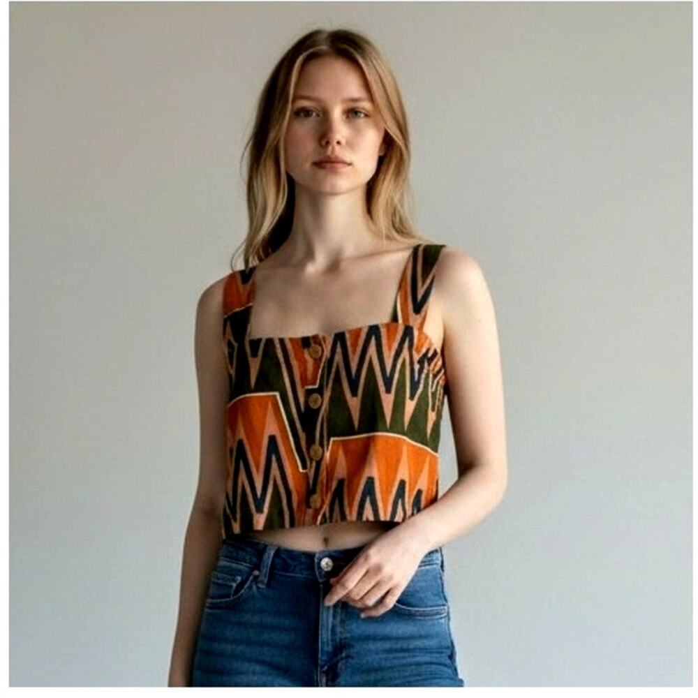 Veronica Beard Linen Blend Crop Top Vest Geometric Print Button Front Boho Sz S